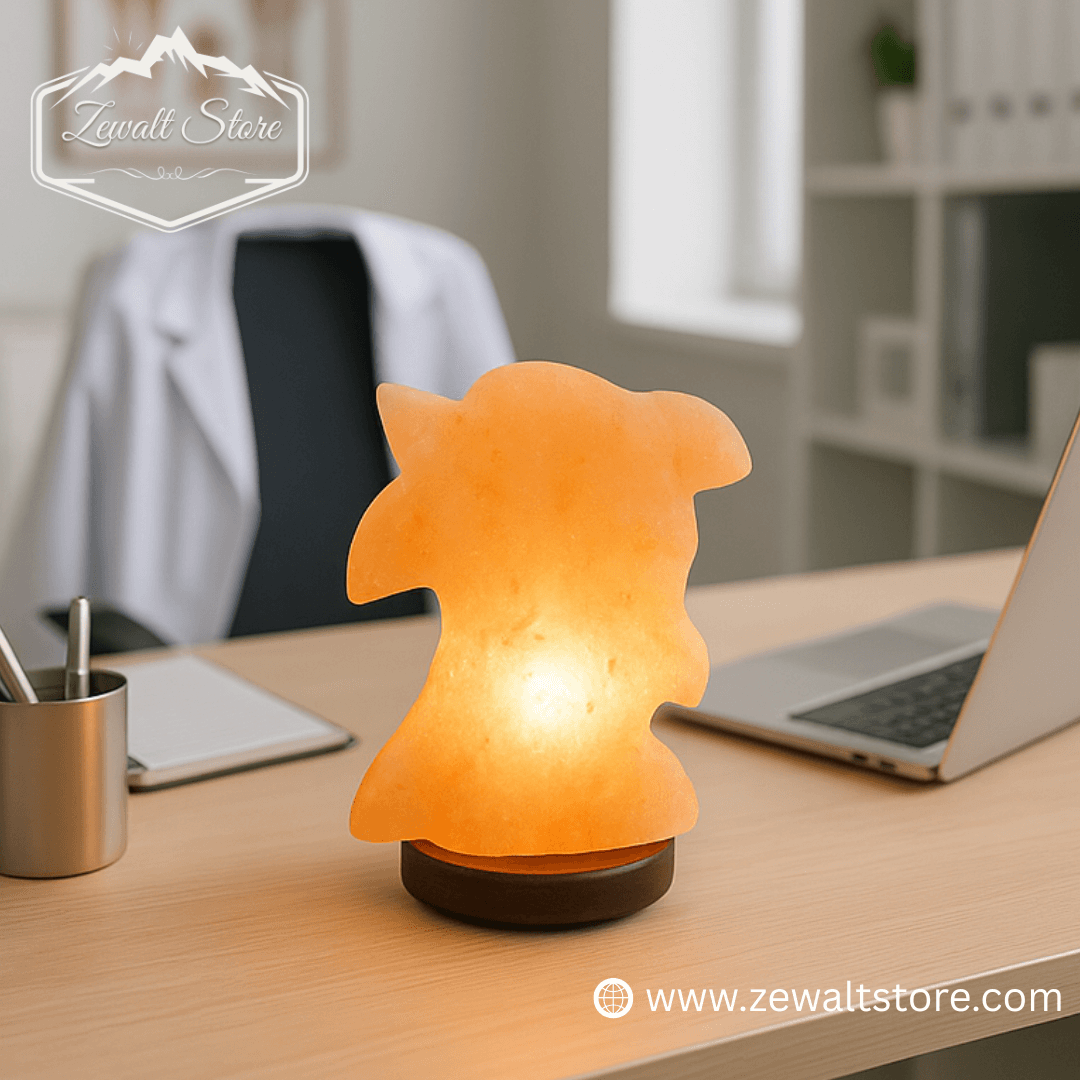 Salt lamp glowing on an office desk