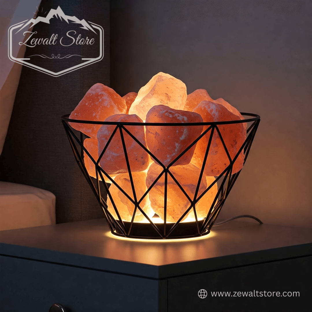 Himalayan salt lamp glowing on a bedside table