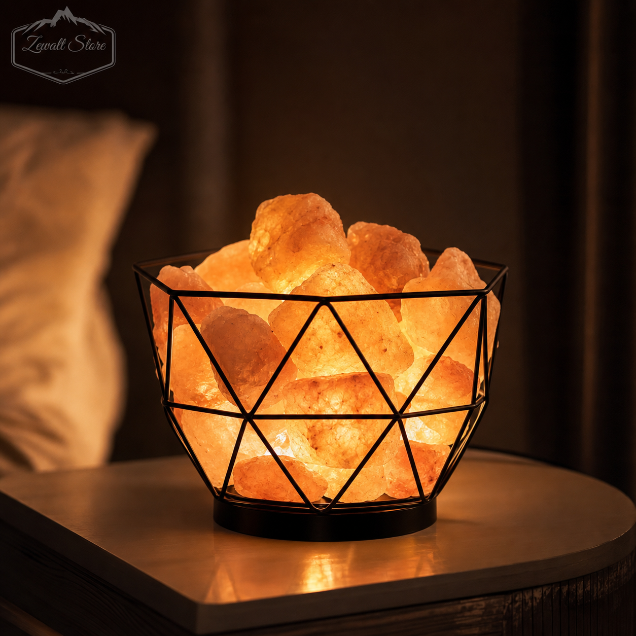 Himalayan salt lamp glowing on a nightstand