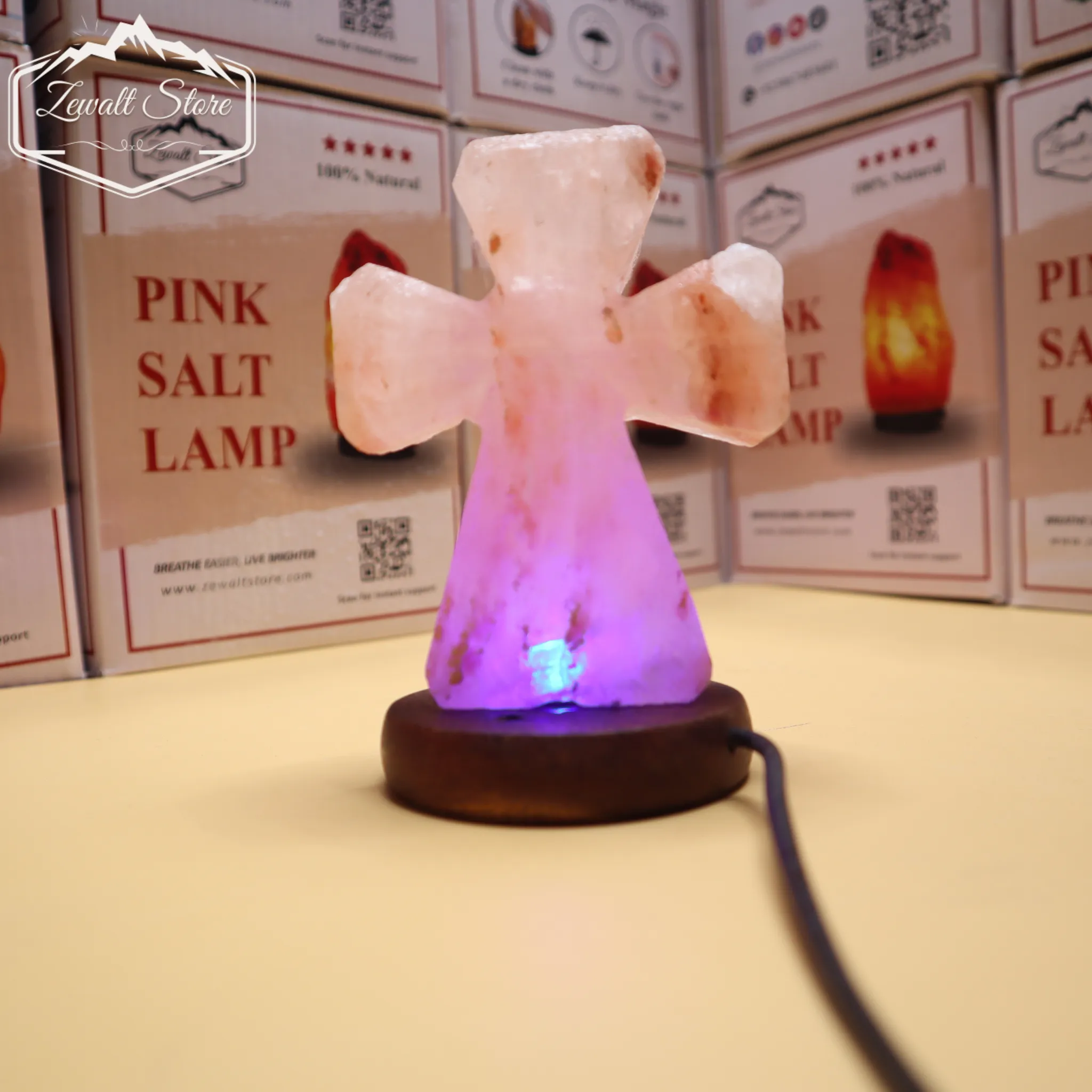 Cross Shaped USB Himalayan Pink Salt Lamp – Approx. 1 KG | Christian Symbol LED Lamp - Image 2