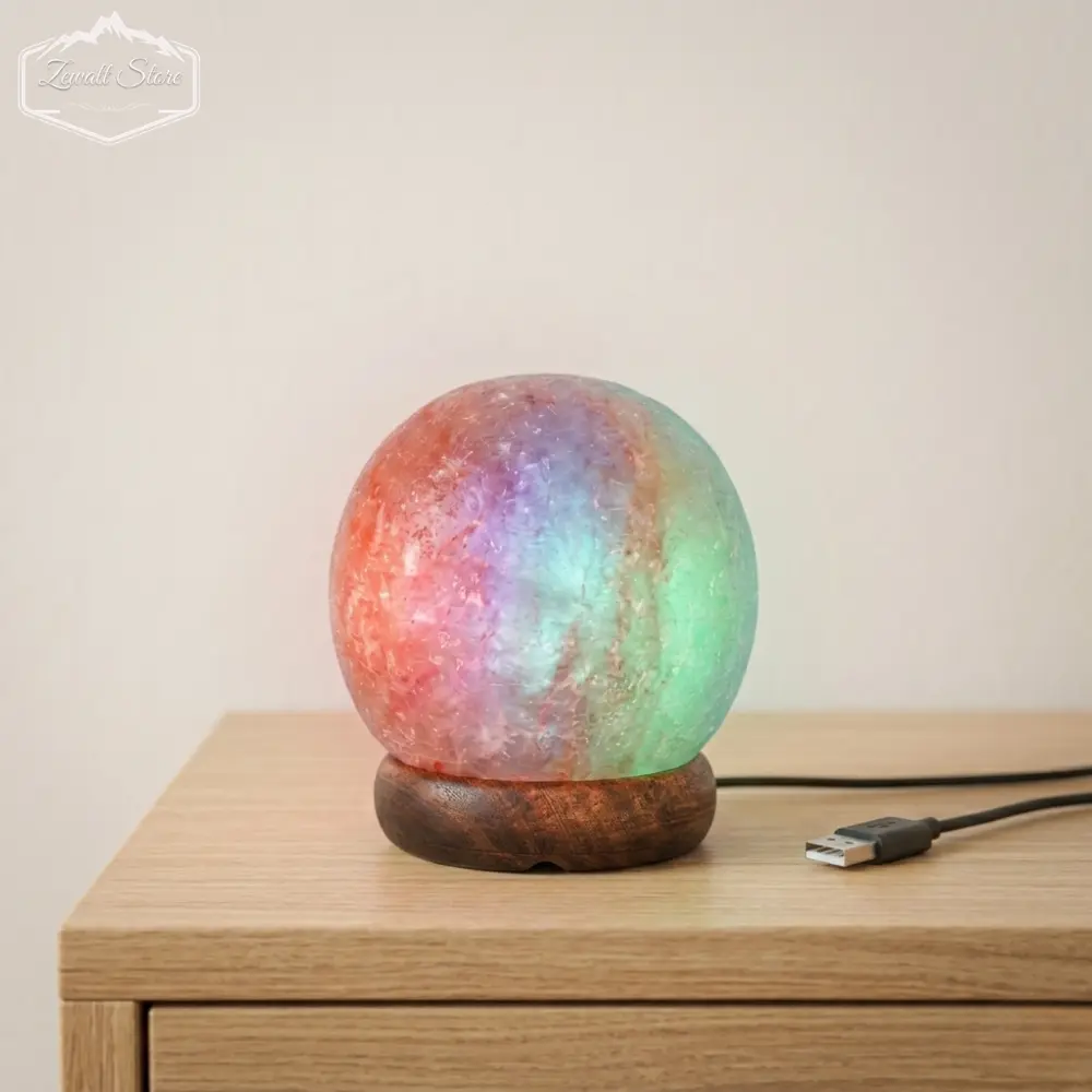 Ball Shaped USB Himalayan Pink Salt Lamp – Approx. 1 KG | RGB Crystal Night Lamp - Image 2