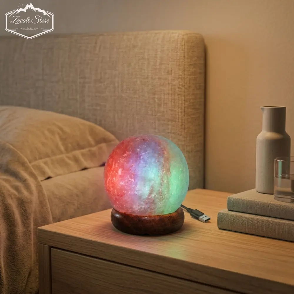 Ball Shaped USB Himalayan Pink Salt Lamp – Approx. 1 KG | RGB Crystal Night Lamp - Image 4