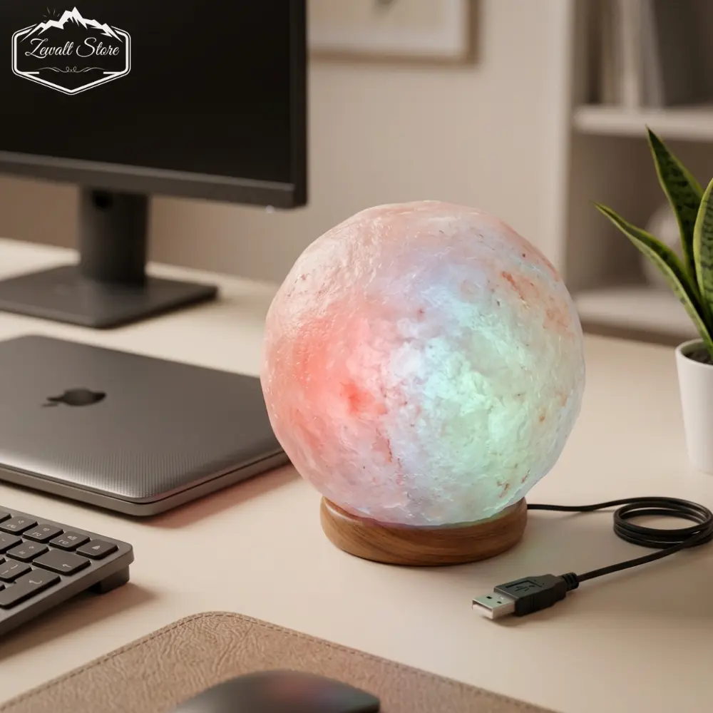 Ball Shaped USB Himalayan Pink Salt Lamp – Approx. 1 KG | RGB Crystal Night Lamp - Image 6