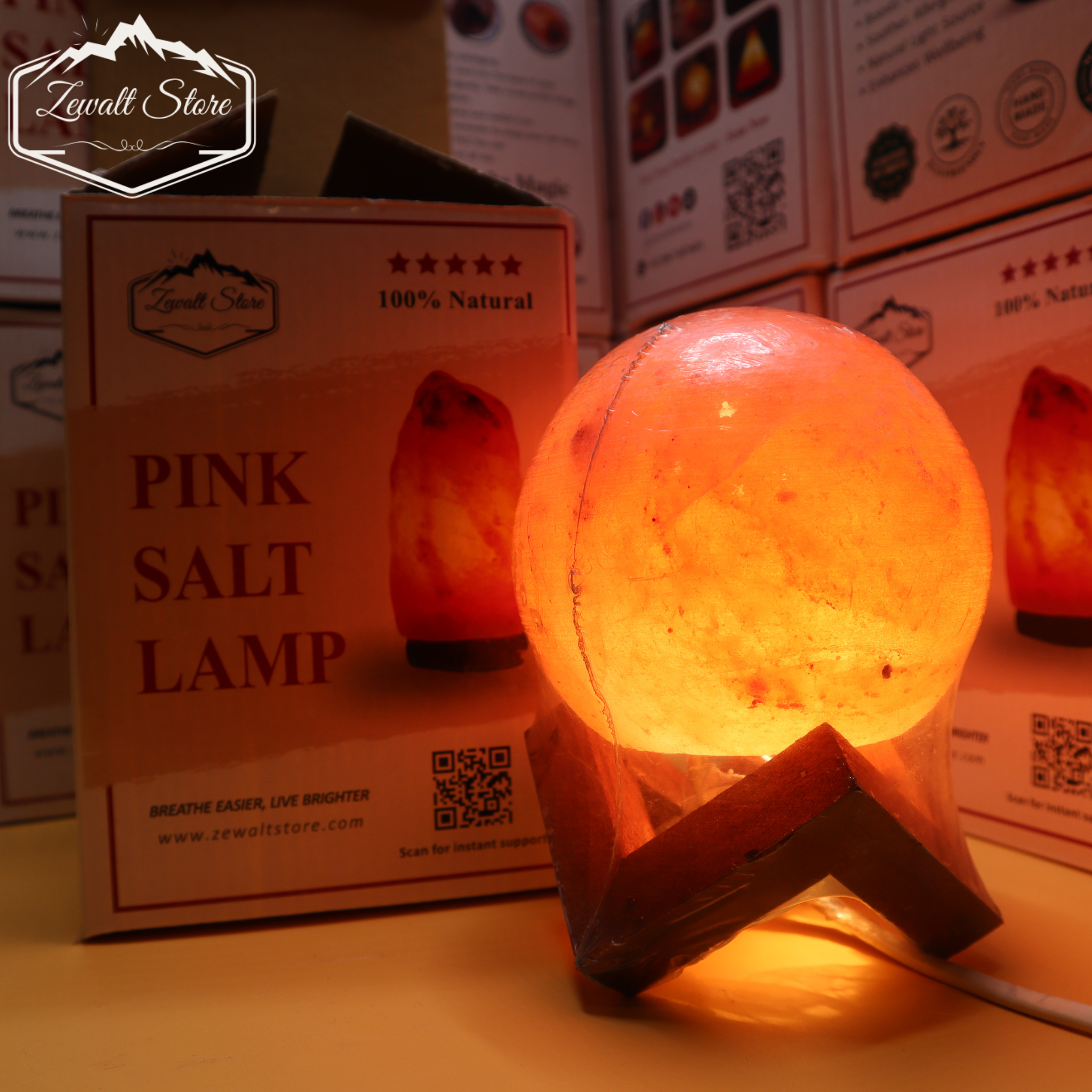 Boll Shaped Himalayan Pink Salt Lamp with Wooden Stand – 220V Natural Crystal Lamp (2–3 KG) - Image 2