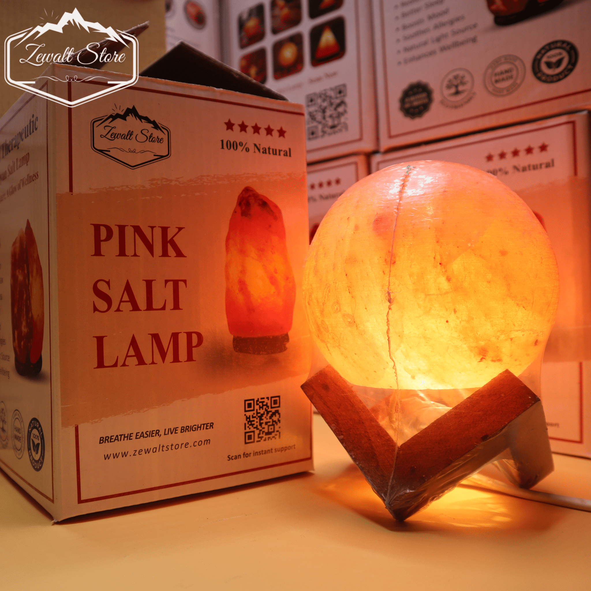 Boll Shaped Himalayan Pink Salt Lamp with Wooden Stand – 220V Natural Crystal Lamp (2–3 KG)
