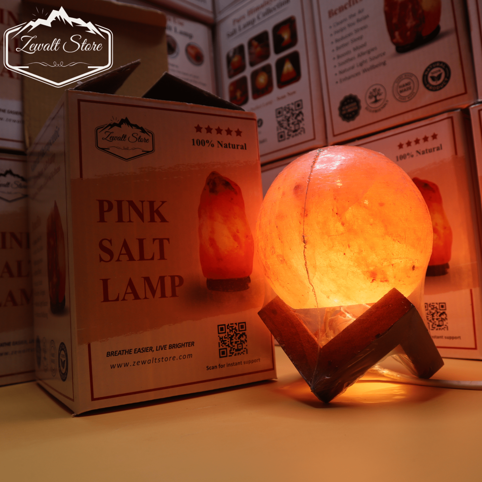 Boll Shaped Himalayan Pink Salt Lamp with Wooden Stand – 220V Natural Crystal Lamp (2–3 KG) - Image 10