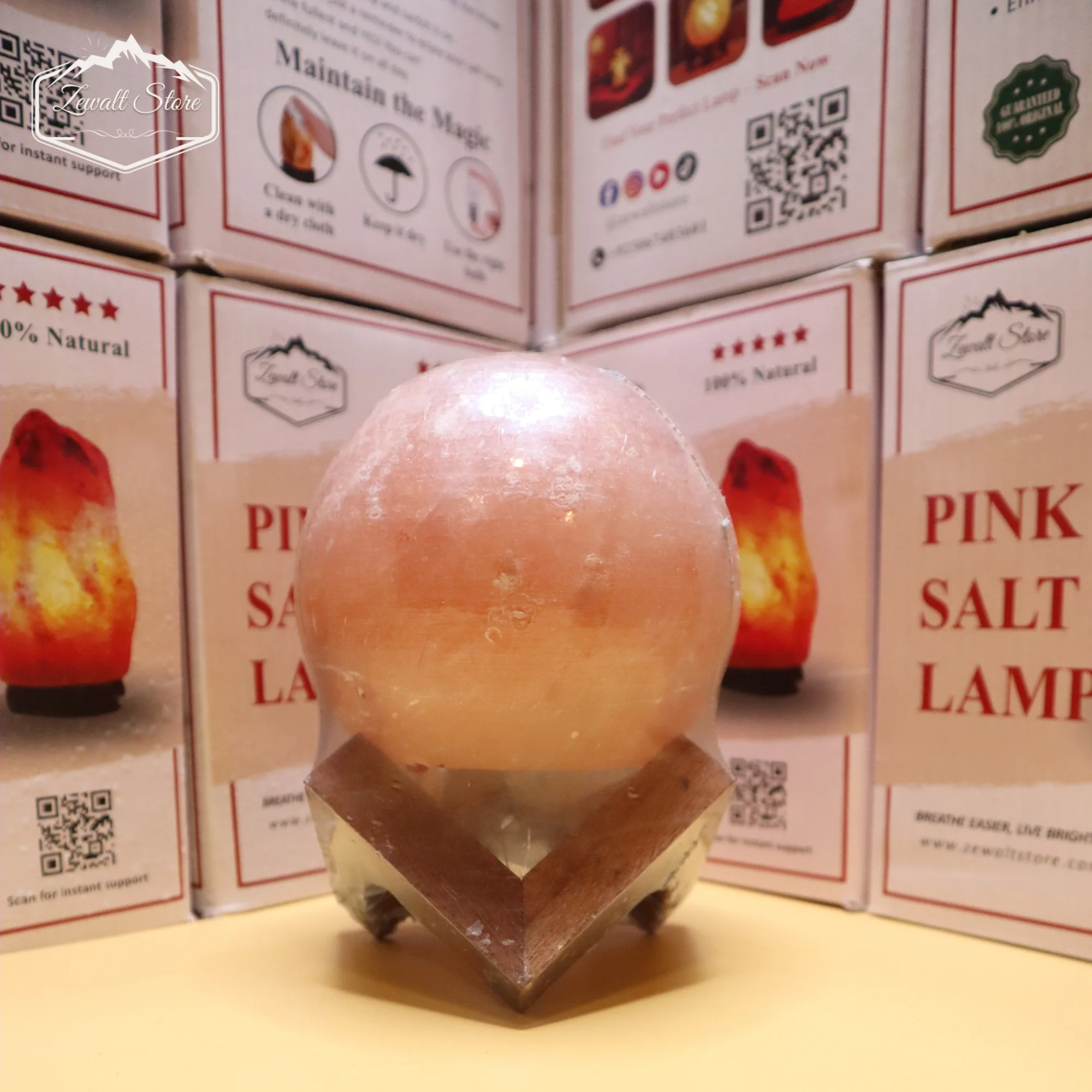Boll Shaped Himalayan Pink Salt Lamp with Wooden Stand – 220V Natural Crystal Lamp (2–3 KG) - Image 5