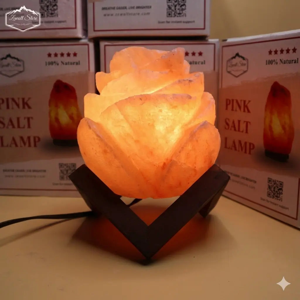 Flower Shaped Himalayan Pink Salt Lamp with Wooden Stand – 220V, 2–3 KG - Image 6
