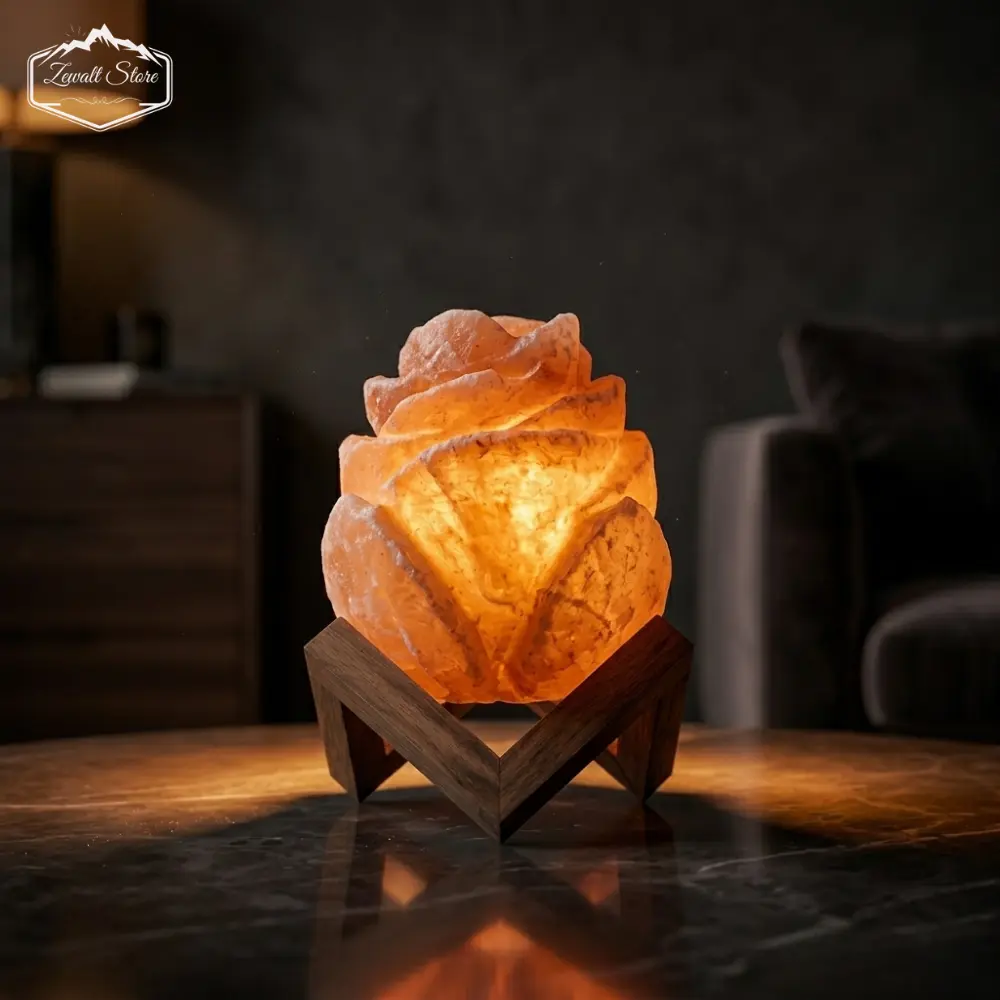 Flower Shaped Himalayan Pink Salt Lamp with Wooden Stand – 220V, 2–3 KG - Image 2