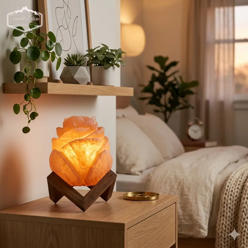 Flower Shaped Himalayan Pink Salt Lamp with Wooden Stand – 220V, 2–3 KG - Image 4